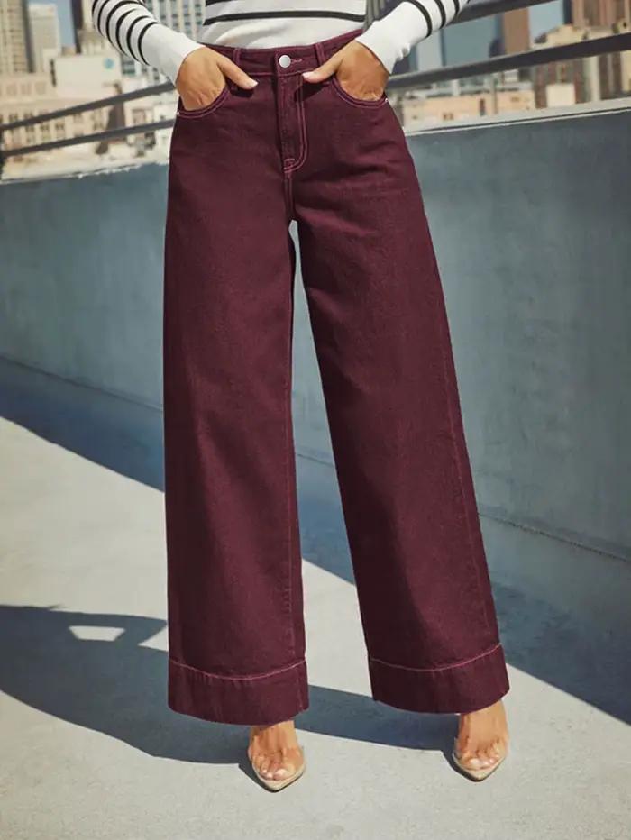 Jean Taille Haute Bordeaux Pour Femmes Style Polyvalent Jambes Larges Denim Extensible Occasions Spéciales