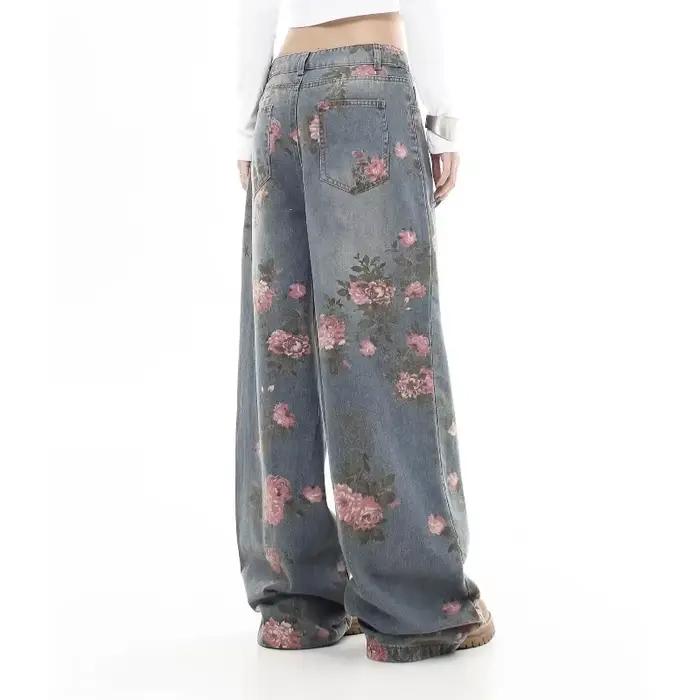 Jean Baggy à fleurs bleues pour femmes Y2K