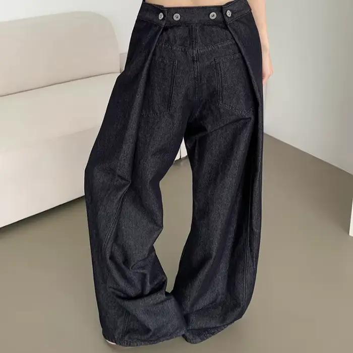 Pantalon denim taille haute pour femmes avec jambes larges, style décontracté, matériau adoucissant, fermeture bouton volant, disponible en noir et différentes tailles
