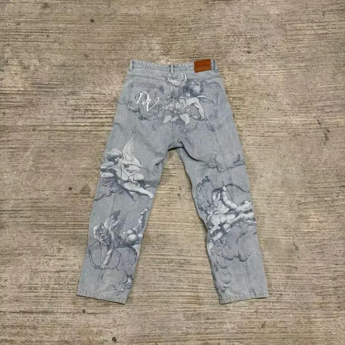 Jeans baggy BiggOrange style américain rétro coupe droite motif flèches de Cupidon décontracté pour homme et femme occasions shopping et quotidienne