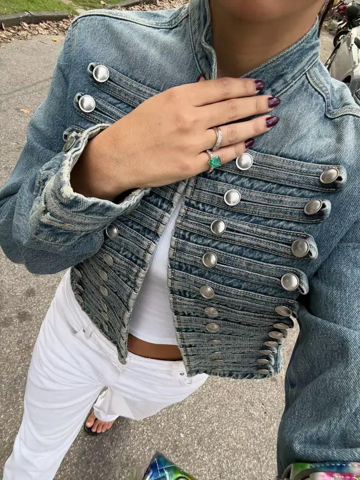 Suninbox Veste en jean vintage à manches longues pour femme avec boutons sur le devant