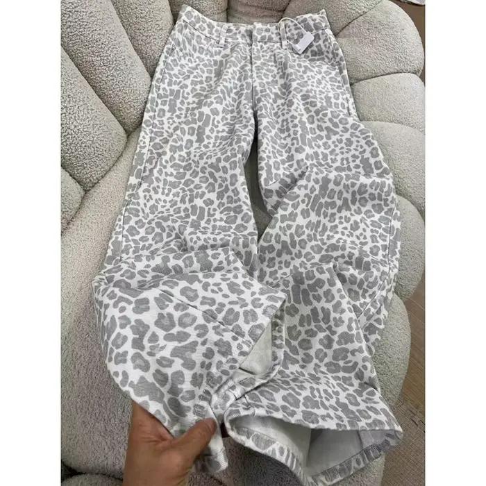 Nouveau Jean Femme 2026 Imprimé Léopard Style Américain Rétro Taille Haute Ample Jambe Large Décontracté Streetwear Longueur Ras du Sol en Denim