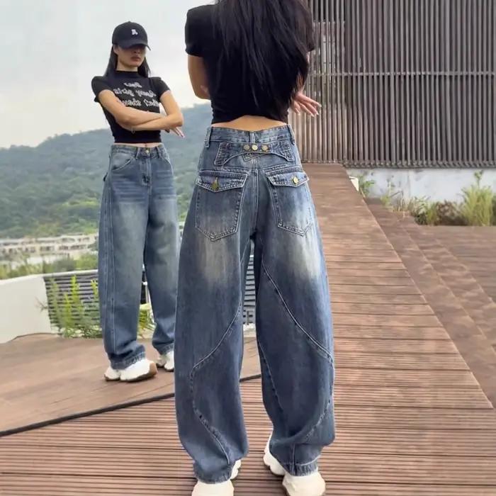 Jean taille haute à jambe large femme style streetwear automne vintage pour silhouette poire confort moderne occassions diverses