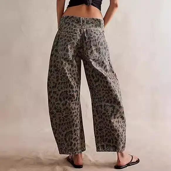 Jean baril femme pantalon léopard taille moyenne poches délavées en détresse Vintage Streetwear longueur cheville