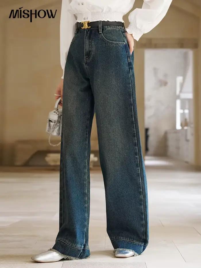MISHOW américain rétro jambe large jean printemps taille haute mince coton élastique Denim pantalon droit ourlet glands