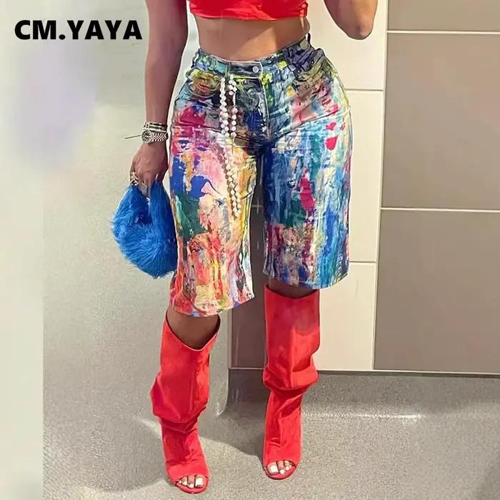 Pantalon denim féminin rétro sexy imprimé graffiti jean déchiré longueur du genou coton élasthanne CM.YAYA