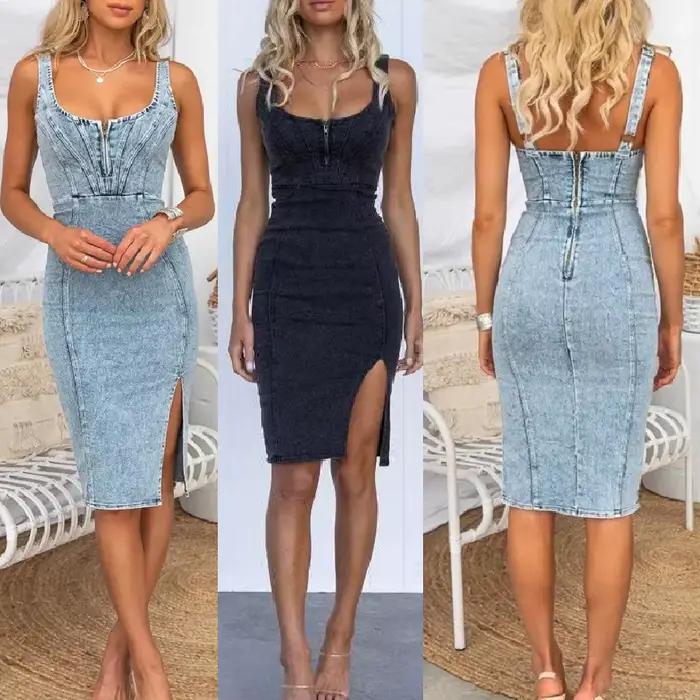 Robe en jean à bretelles spaghetti pour femmes, longueur aux genoux, vintage, éducative
