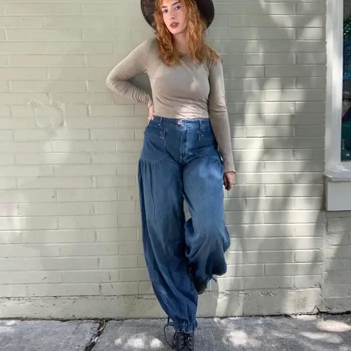 Jean plissé à poches larges en denim de coton pour femmes, style Boho, printemps et été, ample et décontracté