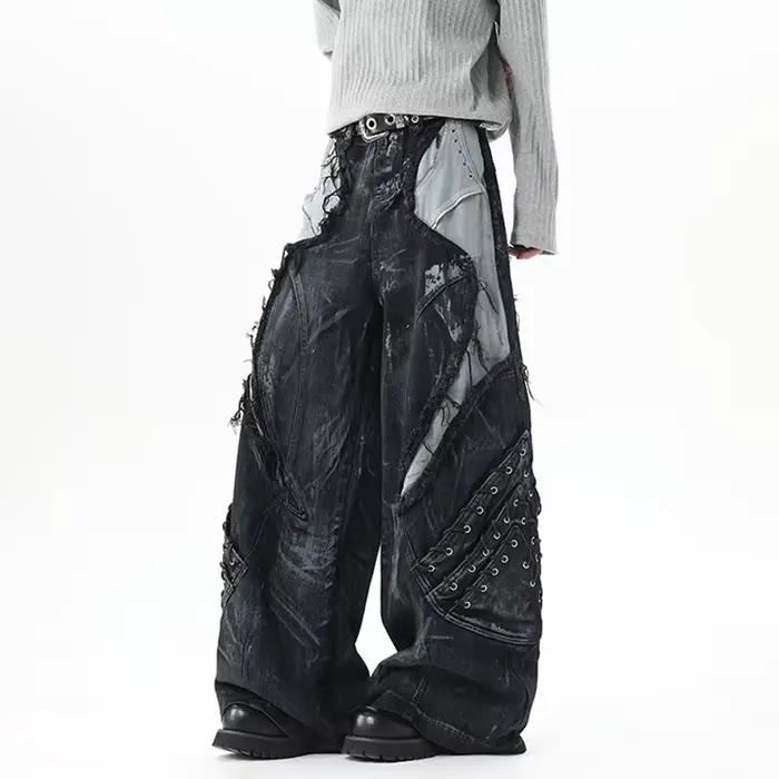 IEFB haute rue hommes Denim pantalon Patchwork contraste couleur cordon bord brut sale-teinture usé mâle jean nouveau 9X1768