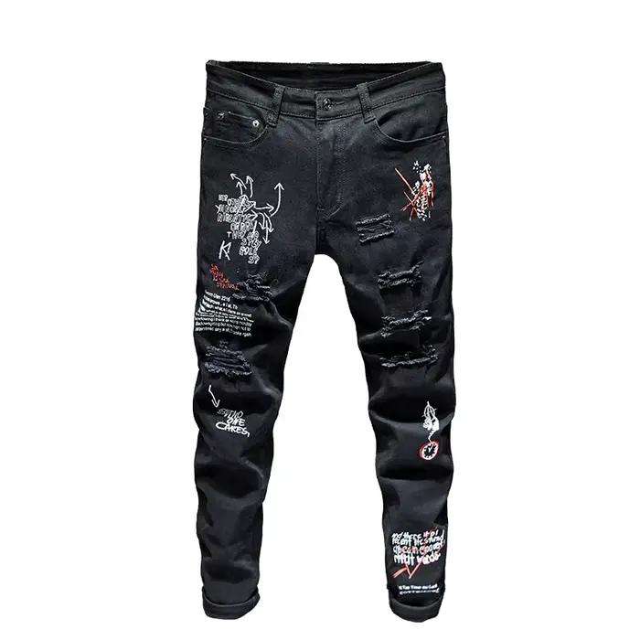 Nouveaux hommes Streetwear personnalité déchiré imprimé blanc jean skinny Hip Hop Punk décontracté moto stretch denim