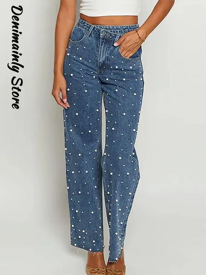 Mode pleine perle haute rue femme jean été nouveau Denim tout-match pantalon droit 2025 tige rugueuse doux filles pantalons
