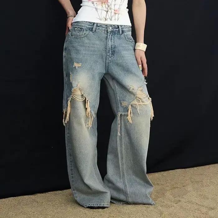 Nouveau Jean bywindto Femme 2026 Tendance Effet Usé Coupe Ample Décontracté Jambes Larges Droites Longues Polyester Coton Mélangé Occasions Spéciales