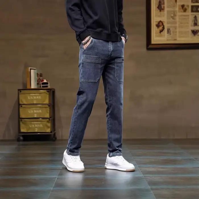 Jean vintage coupe droite pour homme – Tendance décontractée printemps-automne – Six poches – Pantalon long – Vêtement de travail – Confortable – En denim de coton