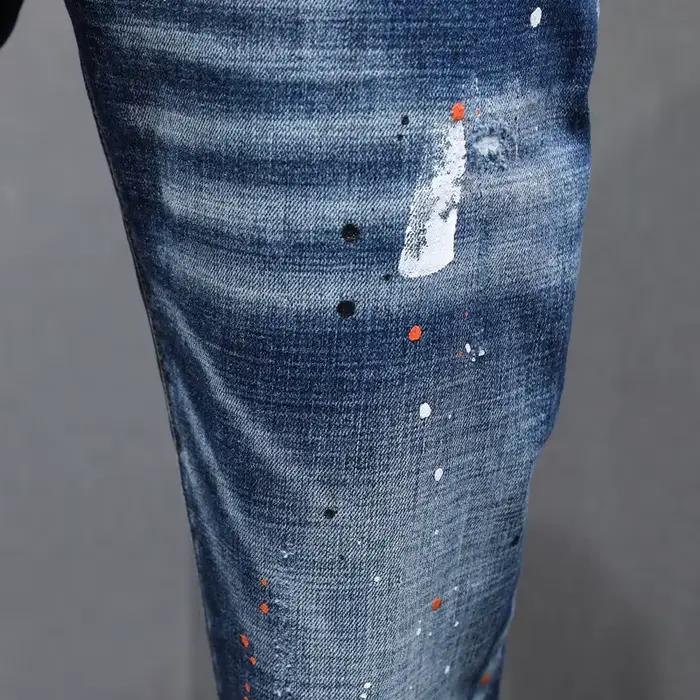 Créateur de mode hommes jean rétro bleu Stretch coupe ajustée peint déchiré