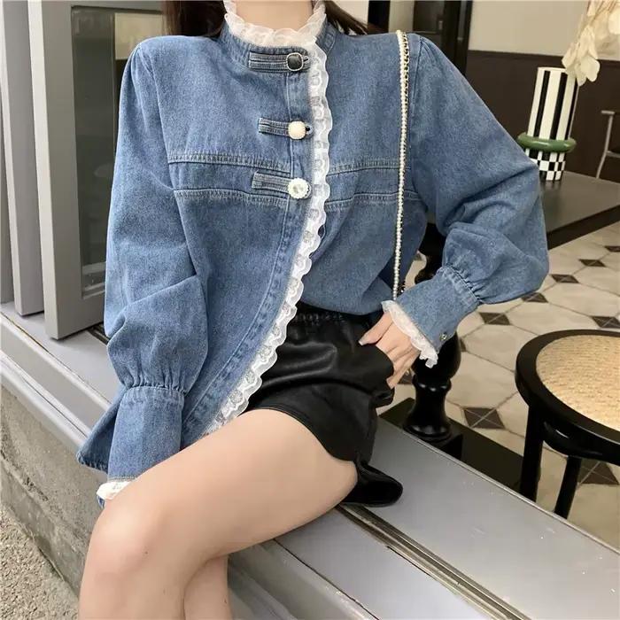 2025 printemps dentelle Denim chemise femmes mode Patchwork à manches longues Blouse femme col montant ample boutonné