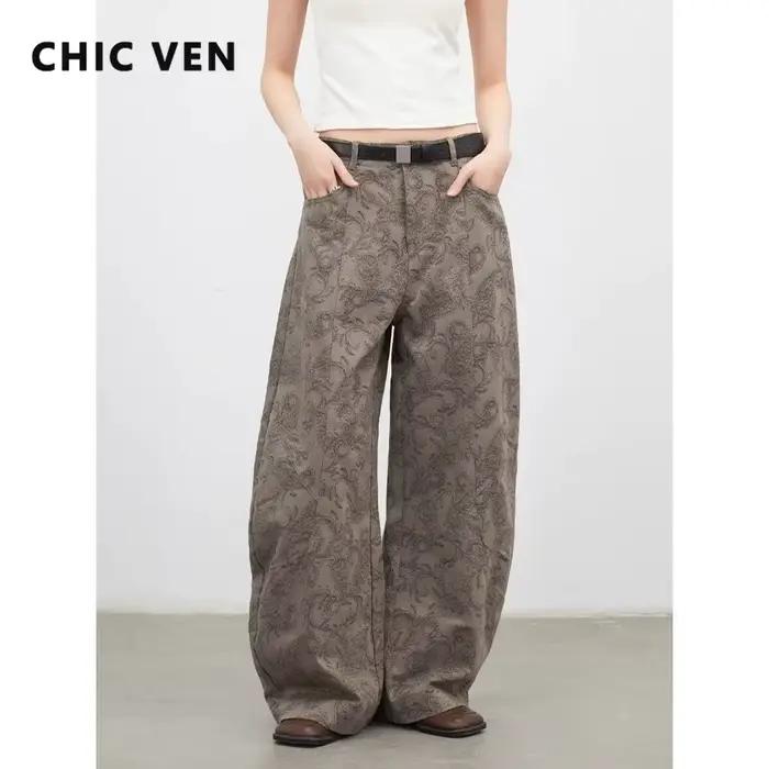 CHIC VEN Nouveau Jean Femme Ample Décontracté Taille Haute Jambe Large en Denim Motif Paisley Pantalon Féminin Printemps Automne 2026