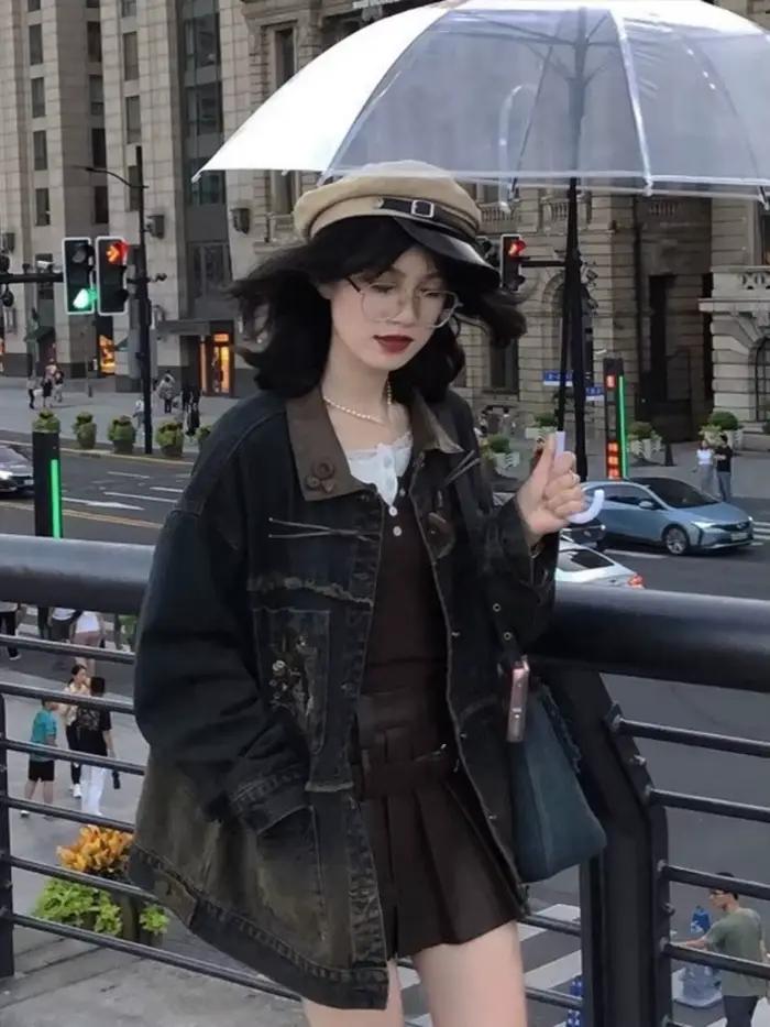 Vestes en Jean Brodées de Dessin Animé pour Femme