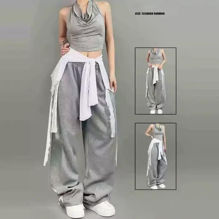 Jeans pantalons décor irrégulier Jazz danse écharpe voir à travers Harajuku Hip-hop