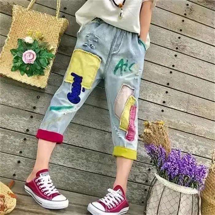 Jean femme 2025 printemps été broderie taille élastique dames Cowboy pantalon contraste couleur ample Version coréenne