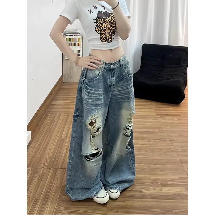 YIBASHU Jean déchiré bleu vintage pour femme