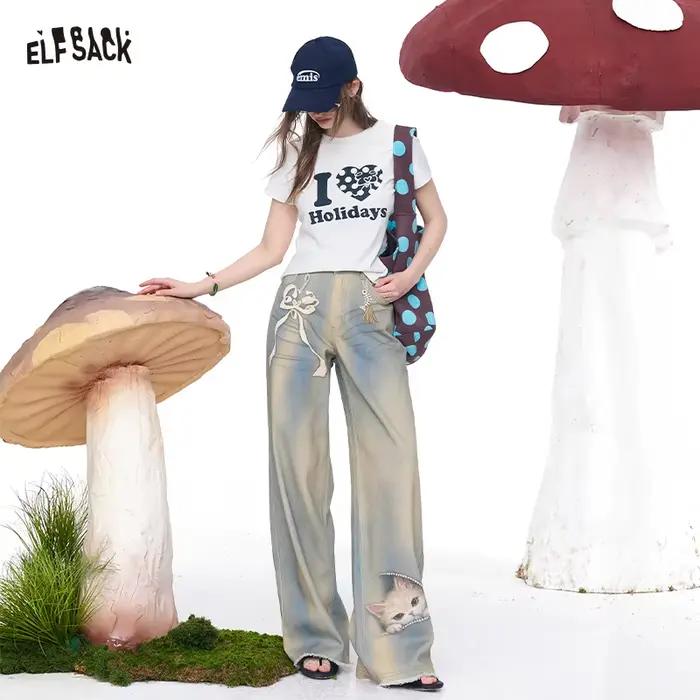 ELFSACK Jean cool à jambes larges avec imprimé chat et nœud mignons