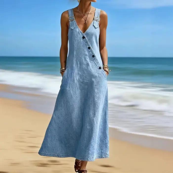 Robe salopette en jean pour femme style déchiré sans manches dos nu col en V été trapèze ajustement régulier polyester fibre synthétique trapèze XXL S M L