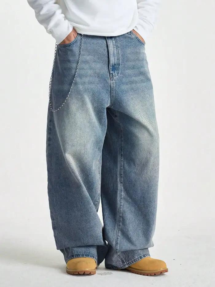 Jeans larges Y2K décontractés pour hommes, pantalon sarouel avec effet moustache, toile épluchée, adapté pour toutes les saisons, parfait pour le quotidien