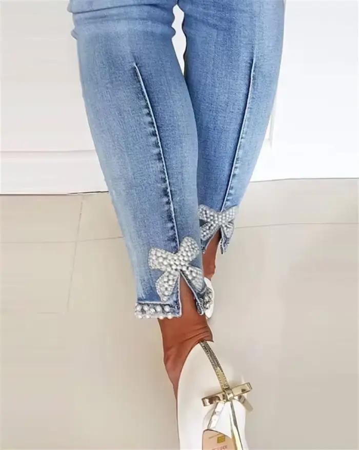 Perles perles jean grande fille taille haute jean extensible mignon nœud mode maigre Denim pantalon élégant Simple lavé arc perlé