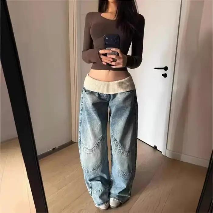 Jean droit rétro à taille cintrée pour femme style streetwear printemps été ample pantalon large polyester faux zip légèrement extensible lavé en pierre YEMOCILE