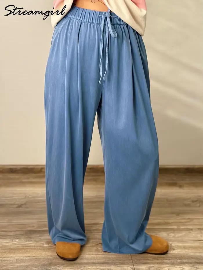 Été mince Lyocell jean femmes taille élastique glace soie jambe large Denim pantalon rose Baggy