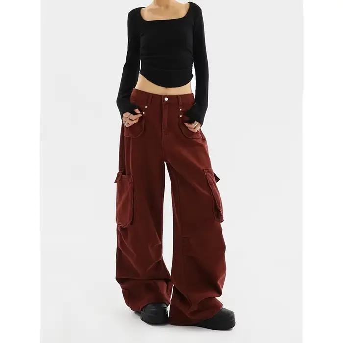 Jean rouge taille haute pour femme pantalon cargo jambe large streetwear vintage mode hip-hop baggy Y2K occasionnels spéciaux