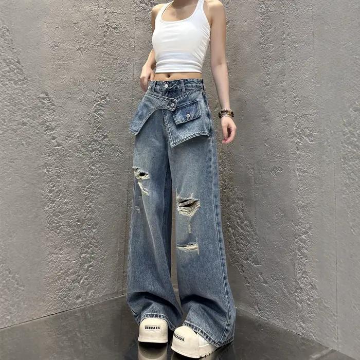 Jean Harajuku Femme Pantalon Décontracté Style Y2K Pantalon à Jambes Larges Printemps Automne