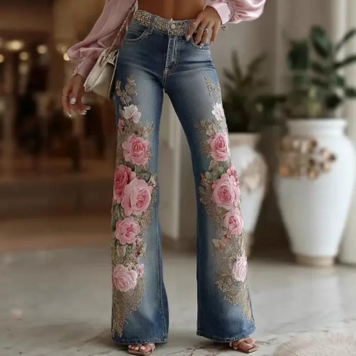 Pantalon évasé imitation denim brodé fleurs pour femmes style rétro basiques occasions formelles automne hiver