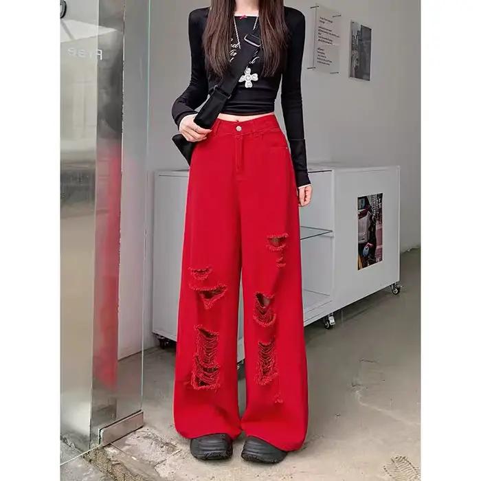 Jean Baggy Vintage Rouge Déchiré pour Femmes Style Streetwear Occasions Spéciales Printemps Automne