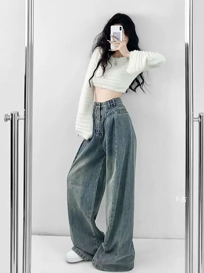 Jean taille haute amincissant à jambe large pour femme