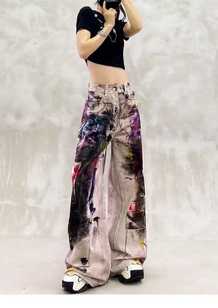 Y2k jean dames Cool peint Graffiti avec taille haute et coupe ample
