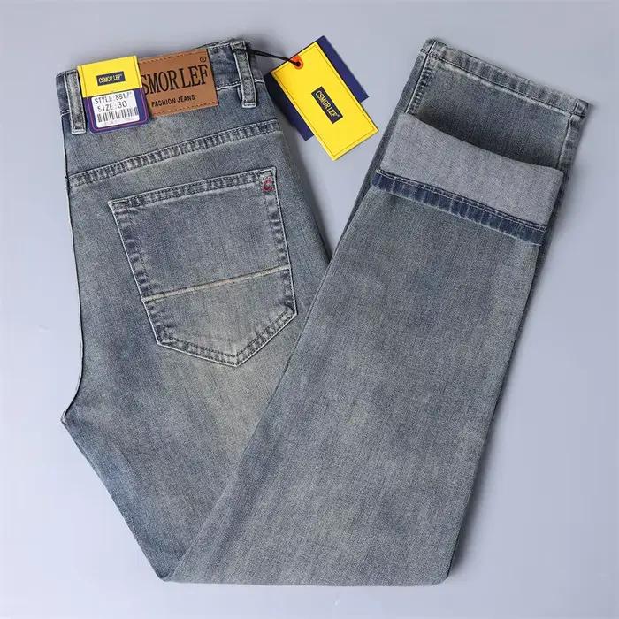 Jean Four Seasons pour homme, coupe slim droite, denim élastique délavé, style vintage, polyvalent pour toutes les saisons, ajustement mince et fermeture par braguette zippée