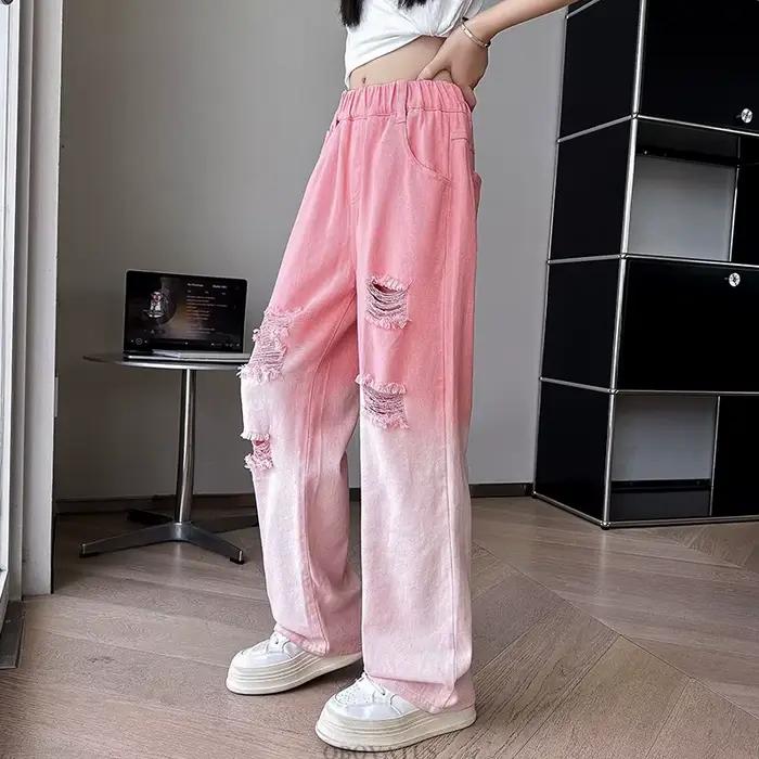 Mode enfant rose dégradé jean pour fille haute rue détruire Denim pantalon enfants concepteur cassé déchiré