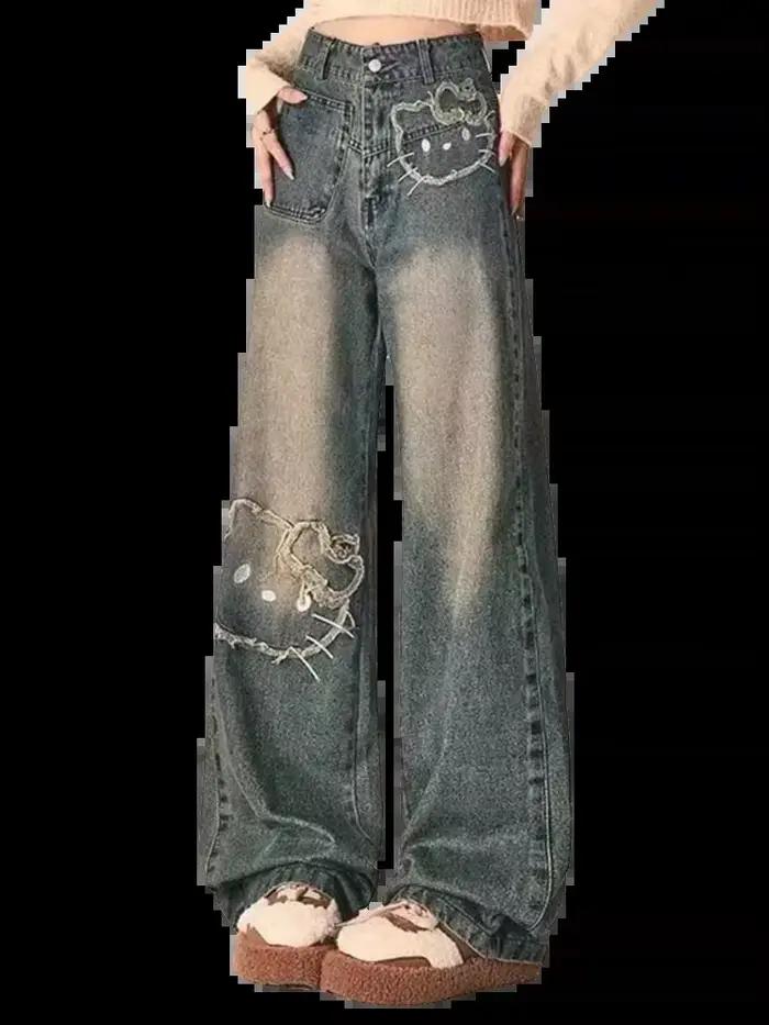 High Street rétro brodé femmes jean mince mode jambe droite pantalon femme été nouveau décontracté ample