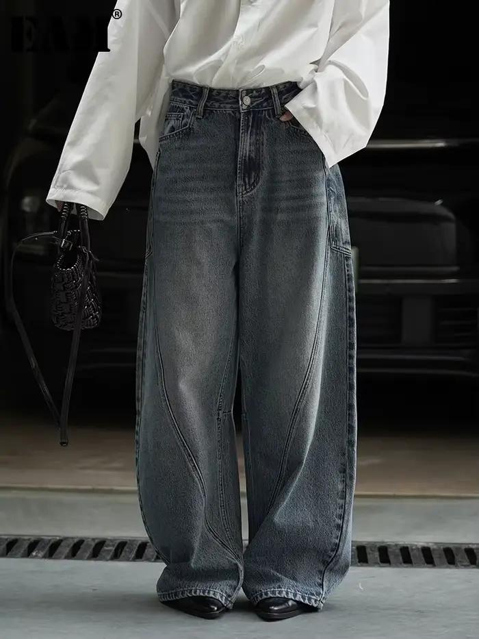 [EAM] taille haute bleu Denim irrégulier épissé décontracté jambe large jean nouvelles femmes pantalons mode marée printemps automne 2026 1DJ4377