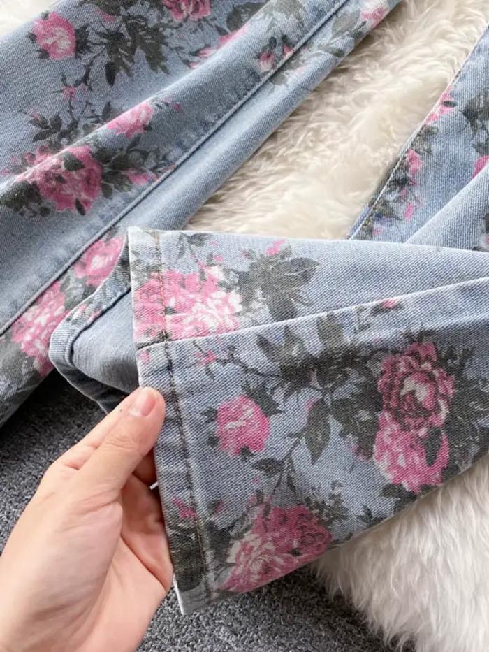 Fleurs imprimer jean femmes Vintage taille haute Denim pantalons longs 2025 mode automne décontracté jambe large pleine