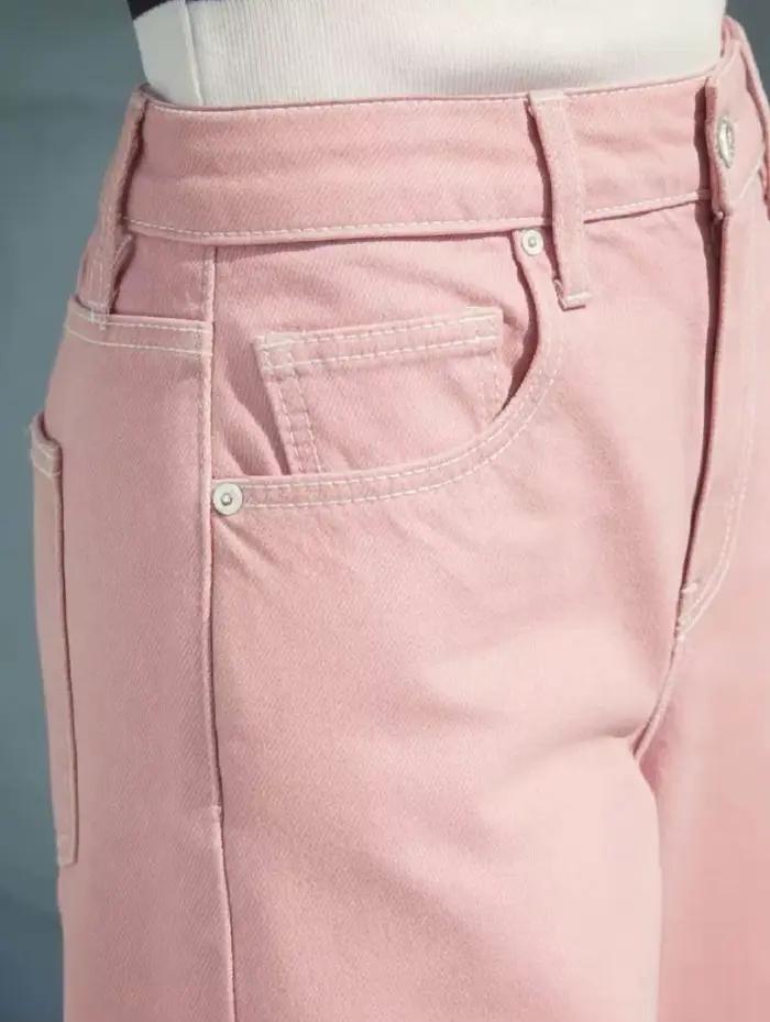 Jean rose taille haute à jambes larges