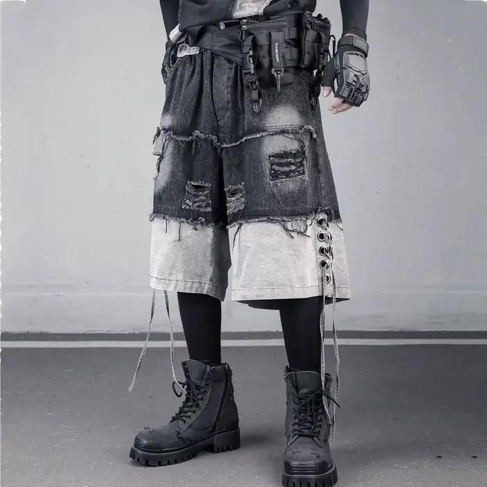 Shorts en jean vintage déchirés à bords bruts style punk pour homme