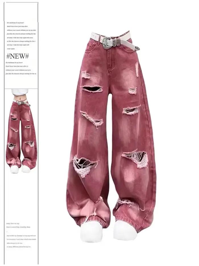 Jean Cargo Déchiré Rose Y2k pour Femme