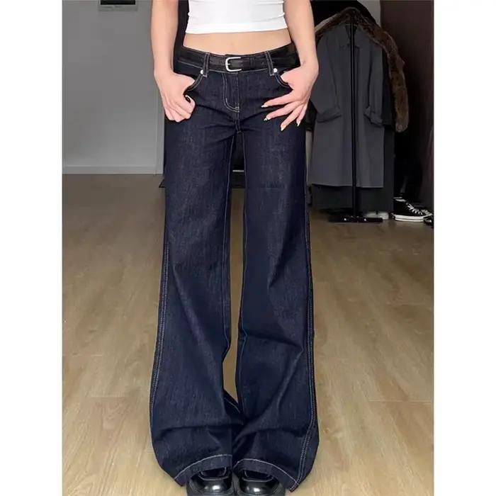 Femme taille basse Vintage décontracté Flare jean coupe ajustée cloche bas pantalon dame mode bleu Denim