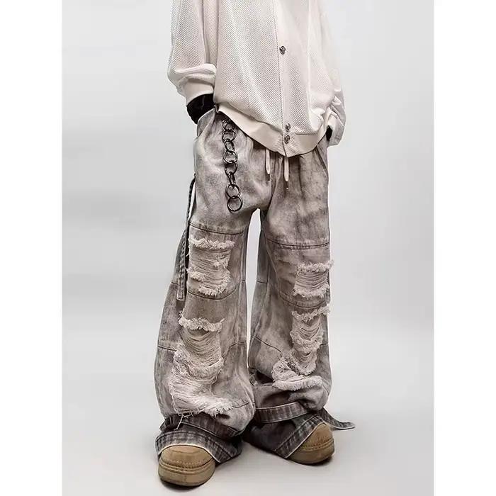 Jean gris déchiré taille haute pour hommes