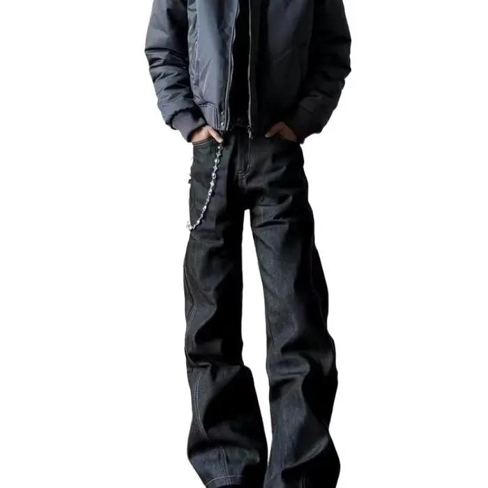 Jean vintage noir décontracté pour homme, coupe ample et jambe large, collection 2026