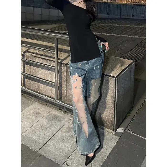 ZHIZOU Y2k jean esthétique femmes Sexy maille épissé Harajuku Streetwear Denim pantalon évider Kpop Style Vintage Baggy