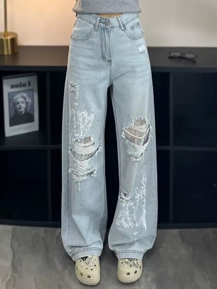 Jean taille haute en dentelle patchwork