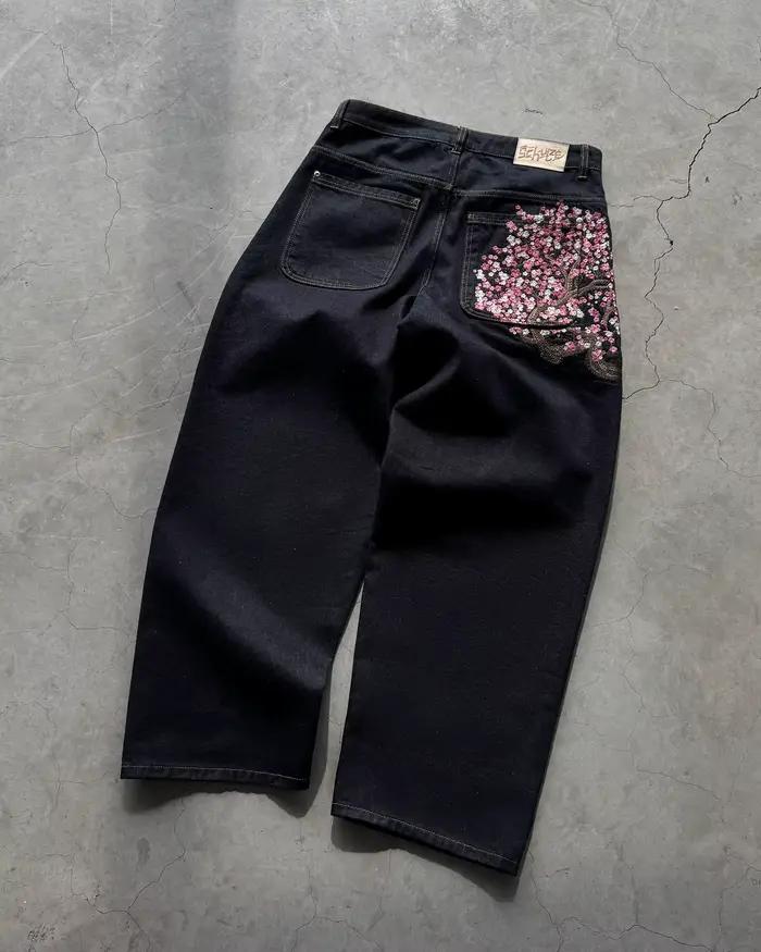 Pantalon en Denim brodé avec lisière de fleur de cerisier Y2k rétro pour hommes